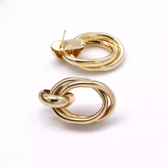 Stainless Steel Pendant Gold Double Hoop Earrings - Picture 3 of 6